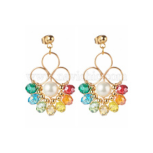 Flower Colorful Glass Beads Dangle Earrings for Girl Women, Round Shell Pearl Beads Stud Earrings, Golden, 40mm, Pin: 0.8mm