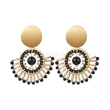 Natural Black Onyx Ear Studs, with Glass Seed Beads and 304 Stainless Steel Stud Earring Findings, Fan