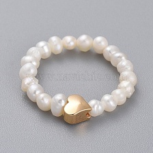 Stretch Natural Cultured Freshwater Pearl Finger Rings, with Brass Beads and Elastic Crystal Thread, Heart