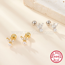 925 Sterling Silver Micro Pave Cubic Zirconia Flower Stud Earrings, with Natural Pearl and 925 Stamp