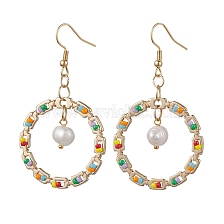 Golden 304 Stainless Steel Ring Dangle Earrings, Natural Pearl & Glass Seed Drop Earrings