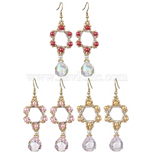 3Pairs 3 Colors GLass Dangle Earrings, with Acrylic Imitation Pearl Beads and 304 Stainless Steel Ear Wire, Flower