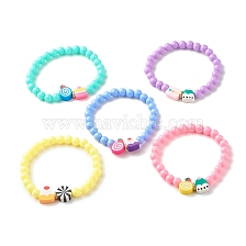 Candy Color Plastic Round Beaded Stretch Bracelet with Food Shape Polymer Clay for Kid