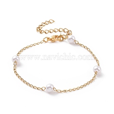 Round Plastic Imitation Pearl Beaded Bracelets, with Vacuum Plating 304 Stainless Steel Curb Chains, White