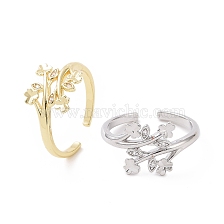 Clear Cubic Zirconia Clover & Leaf Open Cuff Ring, Brass Jewelry for Women