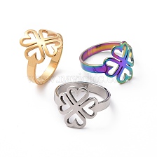 201 Stainless Steel Heart Clover Finger Ring, Hollow Wide Ring for Women