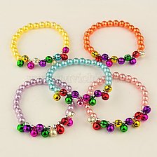 Fashion Imitation Acrylic Pearl Stretchy Bracelets for Kids, with Brass Bell Pendants, for Christmas, 45mm