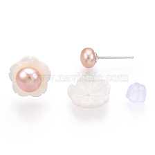 Natural Pearl & White Shell Flower Stud Earrings, with 925 Sterling Silver Pins