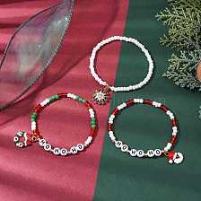 3Pcs Glass Stretch Bracelet Sets, Christmas Theme Alloy Enamel Charm Bracelets