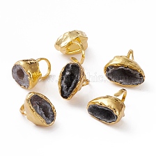 Adjustable Natural Druzy Agate Cuff Rings, Open Rings, with Golden Plated Brass Findings, Nuggets