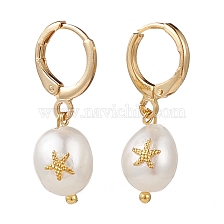 Brass Huggie Hoop Earrings, with Alloy Cabochons and Natural Baroque Pearl Keshi Pearl Beads, Oval with Starfish