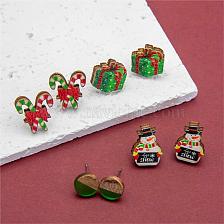 4 Pairs Christmas Printed Wood Stud Earrings, Flat Round Wood & Resin Earring