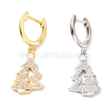 Brass Micro Pave Clear Cubic Zirconia Huggie Hoop Earrings for Christmas, Lead Free & Cadmium Free & Nickel Low, Christmas Tree