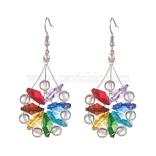 Natural Quartz Crystal & Glass Beaded Flower Dangle Earrings, 316 Surgical Stainless Steel Wire Wrap Jewelry for Women