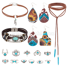 PandaHall Elite Imitation Leather Oval & Teardrop Finger Rings & Multi-strand Bracelet & Dangle Earrings & Lariat Necklace with Synthetic Turquoise, Alloy Jewelry Set for Women