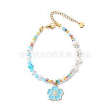 Alloy Enamel Sakura Charm Bracelet, Natural Pearl & Seed Beaded Bracelet for Women