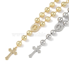 Brass Micro Pave Clear Cubic Zirconia Pendant Necklaces, Rosary Bead Necklaces, Cross