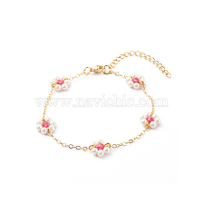 Shell Pearl & Acrylic Beads Flower Link Bracelets, with Brass Cable Chains, Golden, Medium Violet Red, 2mm, 7-1/4 inch(18.4cm)