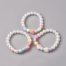 Kids Acrylic Beaded Stretch Bracelets, with Eco-Friendly Plastic Imitation Pearl and Acrylic Beads, Heart & Round