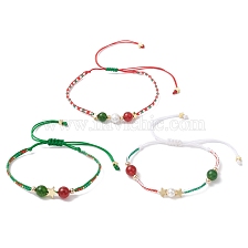 Christmas Round Dyed Natural Malaysia Jade & Natural Carnelian & Glass Seed Beads Braided Bead Bracelets, Adjustable Star Bracelets