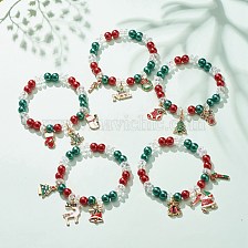 Acrylic Pearl Beaded Stretch Bracelet with Alloy Enamel Charms, Christmas Theme Jewelry for Women