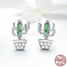 925 Sterling Silver Cubic Zirconia Stud Earrings, with 925 Stamp, Cactus