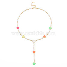 Brass Cubic Zirconia with Enamel Lariat Necklaces, Cadmium Free & Nickel Free & Lead Free, Real 18K Gold Plated, Heart