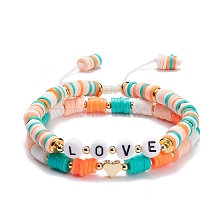 Handmade Disc Polymer Clay Braided Bead Bracelets Set, Love Heart Beads Adjustable Bracelet for Women