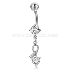 Piercing Jewelry, Brass Cubic Zirciona Navel Ring, Belly Rings, with 304 Stainless Steel Bar, Lead Free & Cadmium Free, Heart