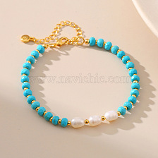 Natural freshwater pearl bracelet with copper, gold plating, turquoise beads, exotic style.