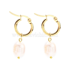 304 Stainless Steel Hoop Earrings, with Rice Natural Cultured Freshwater Pearl Beads, Golden, White, 37mm, Pin: 0.7x1mm