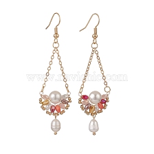 Natural Pearl & Glass Teardrop with Flower Dangle Earrings, Golden Brass Jewelry for Women