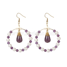 Shell Pearl & Natural Amethyst Beaded Big Ring with Teardrop Dangle Earrings, 304 Stainless Steel Jewelry for Women