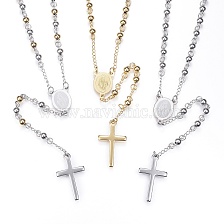 304 Stainless Steel Rosary Bead Necklaces, with Cross Pendant and Lobster Claw Clasps