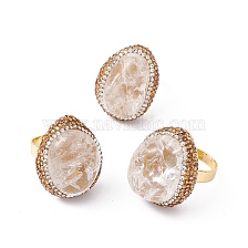 Natural Quartz Crystal Oval Adjustable Ring with Rhinestone, Brass Jewelry for Women