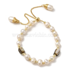 Natural Pearl & Shell Beaded Slider Bracelets, with Brass Chains