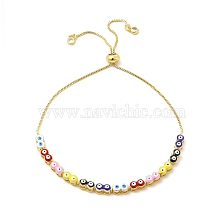 Enamel Evil Eye Beaded Slider Bracelet with Clear Cubic Zirconia Tiny Charms, Golden Brass Jewelry for Women