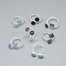 Adjustable Natural Gemstone Finger Rings, with Brass Findings, Flat Round