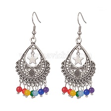 Dyed Natural Malaysia Round Beaded Alloy Teardrop Chandelier Earrings, 304 Stainless Steel Jewelry for Women