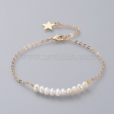 Beaded Bracelets, with Natural Pearl and Brass Cable Chains, Real 18K Gold Plated, 9 inch(23cm)