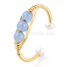 Natural Aquamarine Braided Oval Open Cuff Ring with Pearl Beaded, Brass Wire Wrapped Jewelry for Women