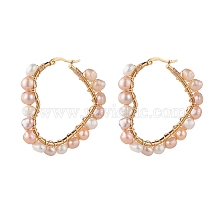 Natural Pearl Wire Wrapped Heart Big Hoop Earrings for Women, Golden