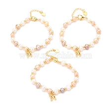 Brass Micro Pave Cubic Zirconia Charms Bracelets, Real 18K Gold Plated, with Natural Fresh Water Pearl, Long-Lasting Plated, Letter M