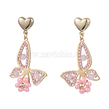 Rose Quartz Dangle Stud Earrings, with Glass Seed Beads and 304 Stainless Steel Findings, Butterfly, Pink