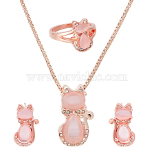 ANATTASOUL Cat Glass & Plastic Pendant Necklaces & Stud Earrings & Finger Rings, Brass Jewelry Set