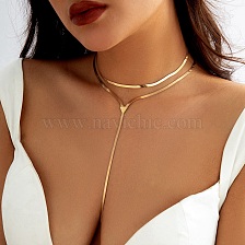 2Pcs 2 Styles Brass Flat Snake Chain Necklaces Set, Lariat Necklaces