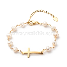 201 Stainless Steel Cross Link Bracelet with Natural Pearl Beaded Chains for Women