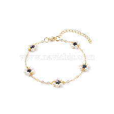 Shell Pearl & Acrylic Beads Flower Link Bracelets, with Brass Cable Chains, Golden, Black, 2mm, 7-1/4 inch(18.4cm)