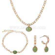 ANATTASOUL 18K Real Gold Plated Natural Green Aventurine Oval Pendant Necklaces & Stud Earrings & Link Bracelet, Fashion Jewelry Set