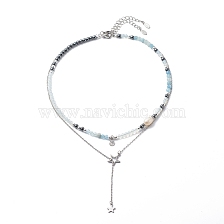 2Pcs 2 Style 304 Stainless Steel Shell & Star Charms Lariat Necklaces Set with Natural Pearl, Opalite & Natural Aquamarine & Synthetic Hematite Beaded Necklaces for Women